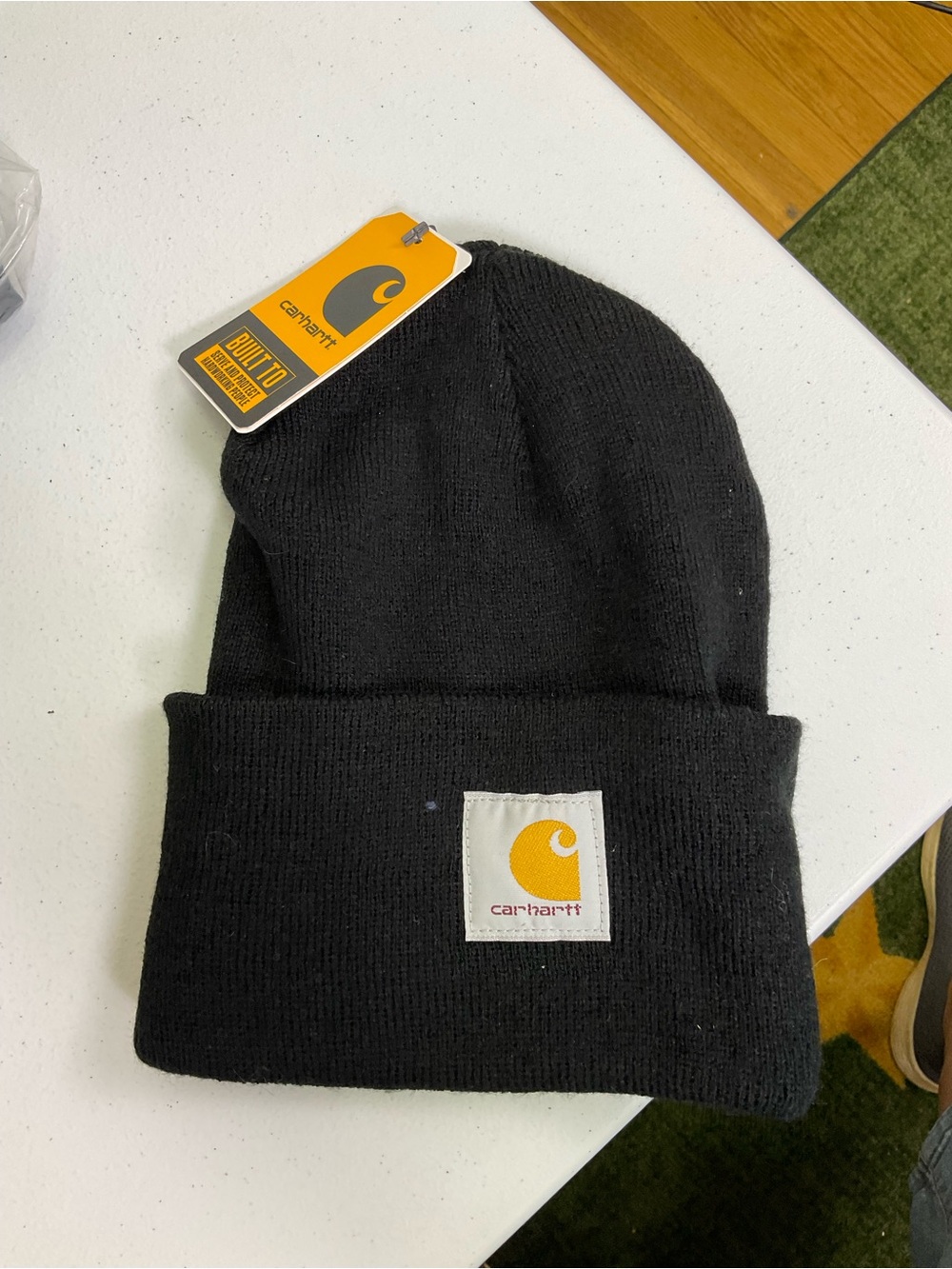 Carhartt Black Cuffed Beanie with Yellow Logo Patch